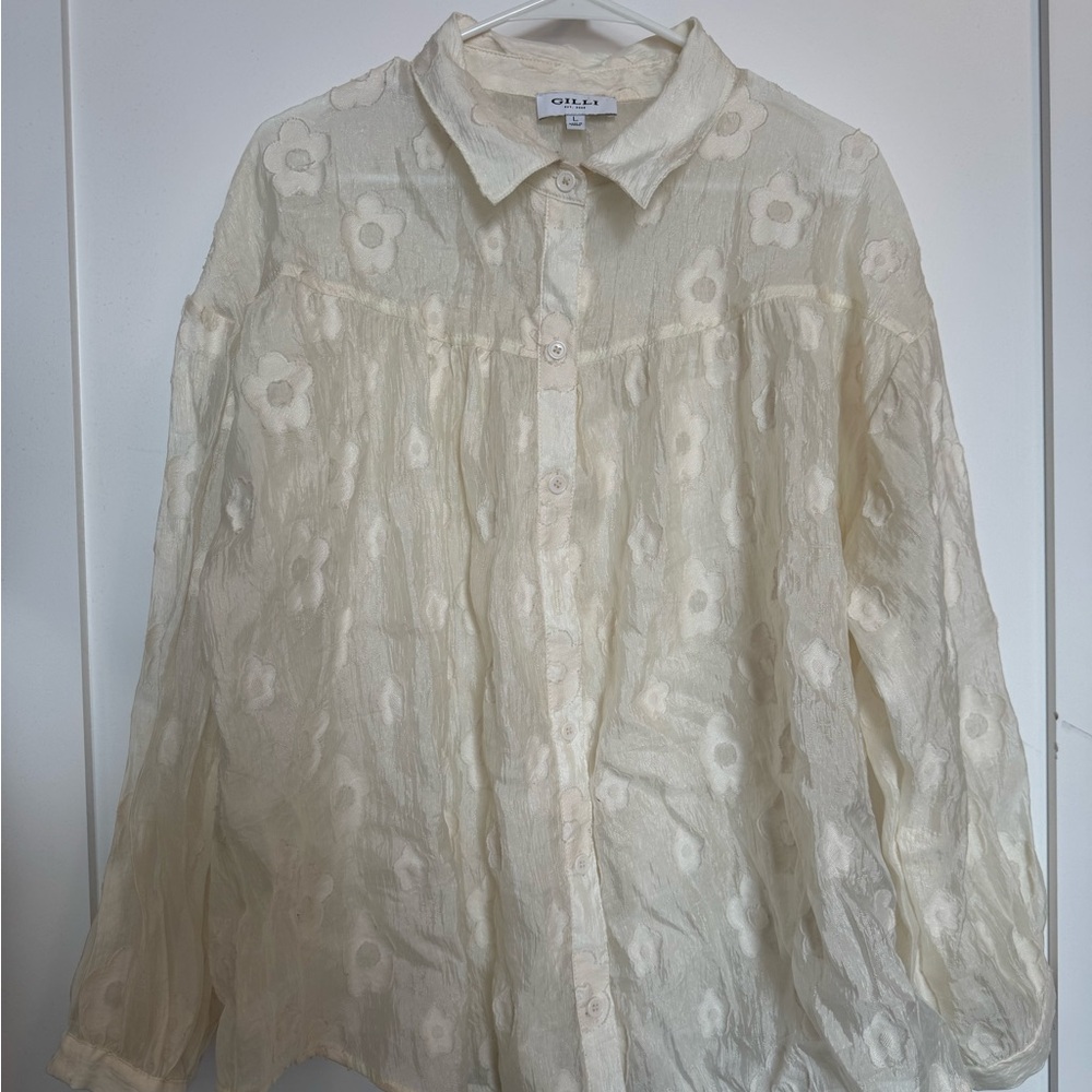 GILLI | Ivory Floral Sheer Blouse | Size Large